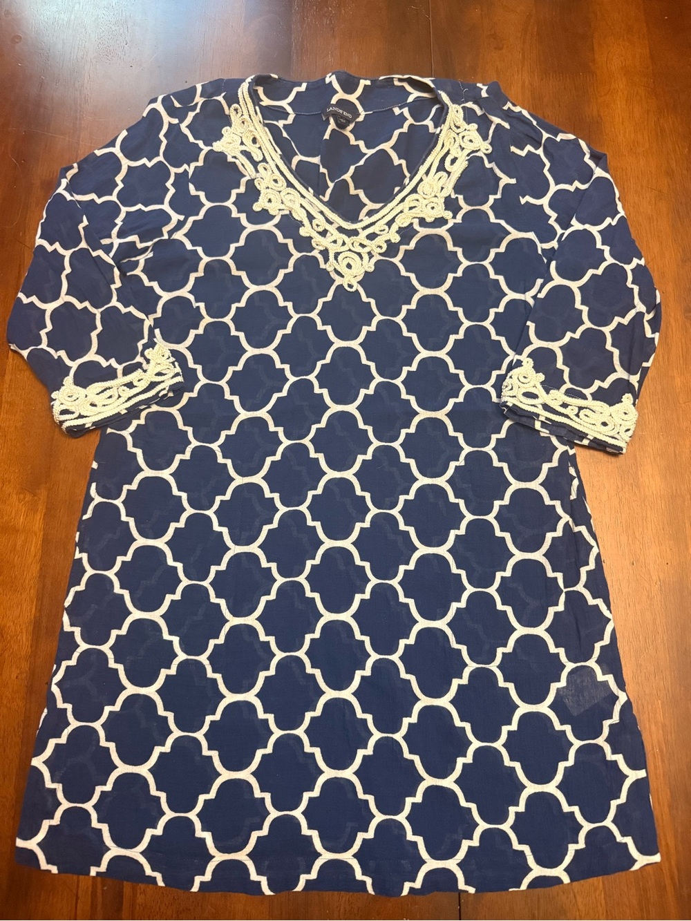Lands' End Navy and Cream Geometric V-Neck Tunic with Lace Trim
